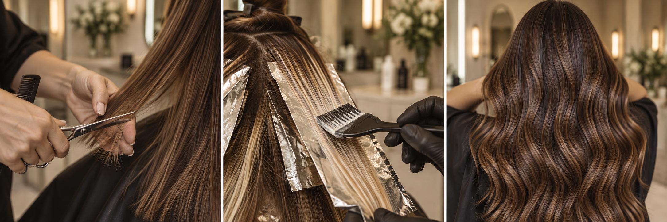 Illustrative salon haircut, foil color, and finished hair collage for Colleen’s Hair Salon in Blanchard, Oklahoma